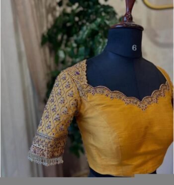 pure silk hand embroidery blouse/saree maggam blouse/yellow zardosi blouse/hand embroidered blouse /mustard yellow ready made blouse zardosi
