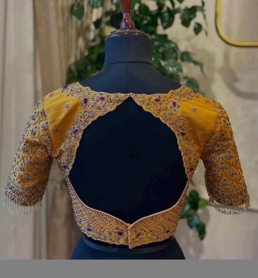 pure silk hand embroidery blouse/saree maggam blouse/yellow zardosi blouse/hand embroidered blouse /mustard yellow ready made blouse zardosi