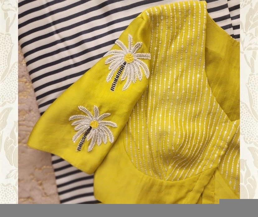 pure silk hand embroidery blouse/saree maggam blouse/yellow read zardosi blouse/hand embroidered blouse/lemon yellow hand embroidery blouse