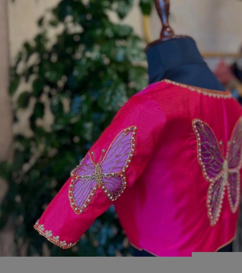 pure silk hand embroidery blouse/saree maggam blouse/hot pink zardosi blouse/hand embroidered blouse /magenta pink ready made blouse zardosi