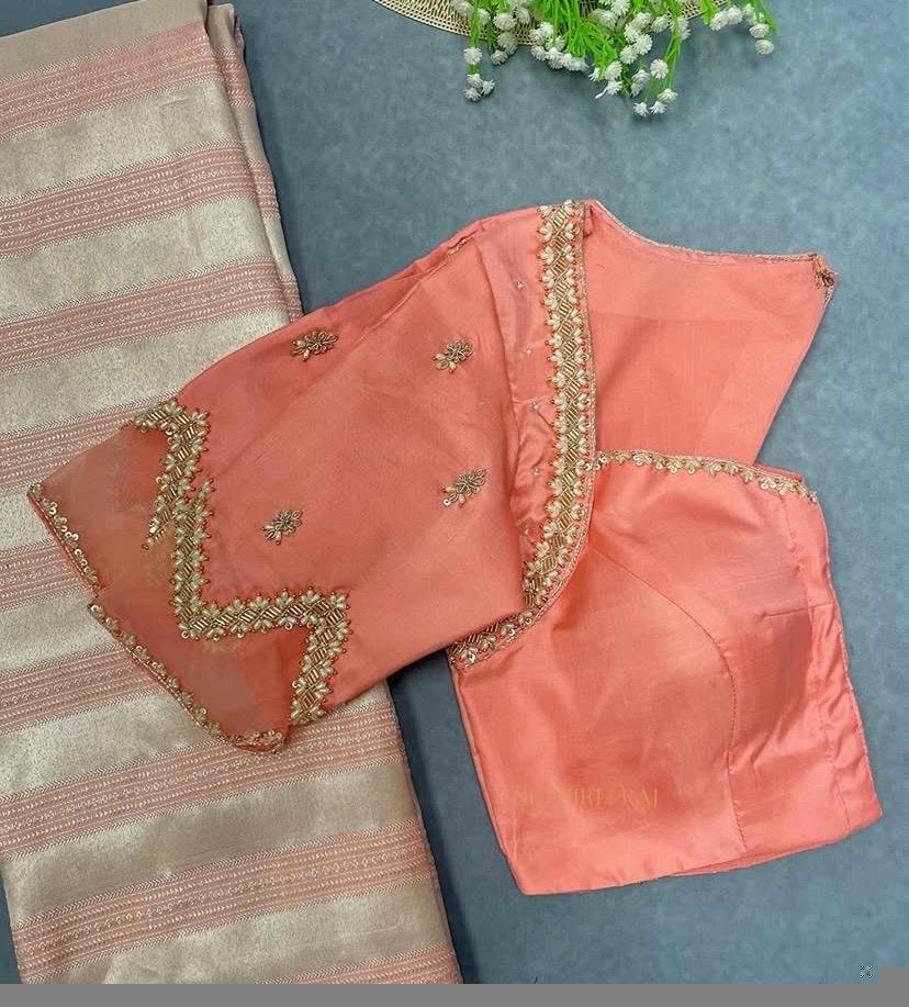 Peach Silk Zardosi Blouse: Hand Embroidered Indian Crop Top, peach hand work blouse,saree blouse , plus size blouses,peach saree blouse usa