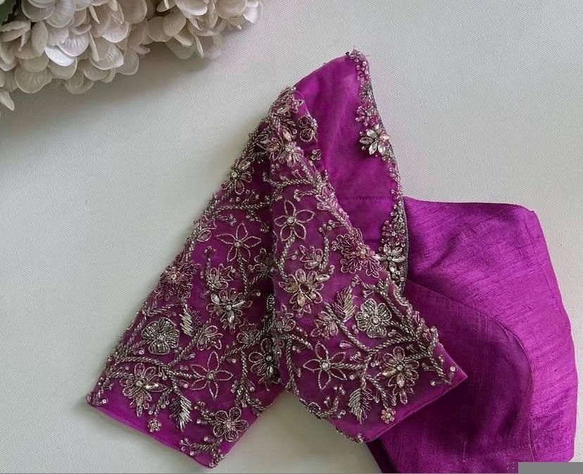 pure silk hand embroidery blouse/light pink maggam blouse/pink hand embroidered blouse/pink ready made blouse zardosi/pink lavender blouse
