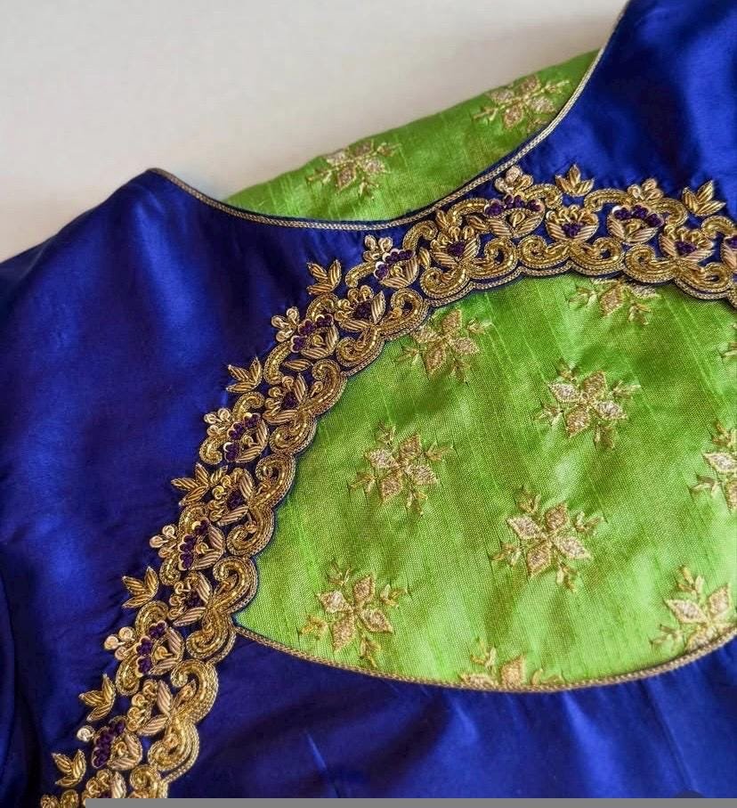 Blue Silk Hand Embroidered Blouse: Zardosi Maggam hand Work, blue maggam blouse,mix and match blosue,plus size blouse,royal blue blouse usa,