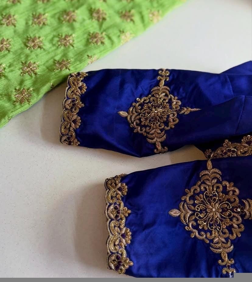 Blue Silk Hand Embroidered Blouse: Zardosi Maggam hand Work, blue maggam blouse,mix and match blosue,plus size blouse,royal blue blouse usa,