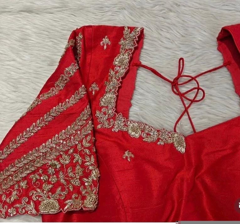 Red Silk Zardosi Embroidered Saree Blouse: Hand-Embroidered Maggam Work,red saree blouse,plus size blouses,mix and match blouses,red blouse