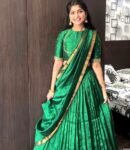 Women’s lehenga Set/green crop top lehenga / Indian crop top skirt USA/pure Mangalgiri pattu lehenga choli/green half saree with dupatta/