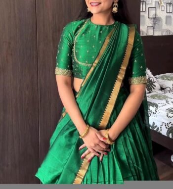 Women’s lehenga Set/green crop top lehenga / Indian crop top skirt pure Mangalgiri pattu lehenga choli/green half saree with dupatta/