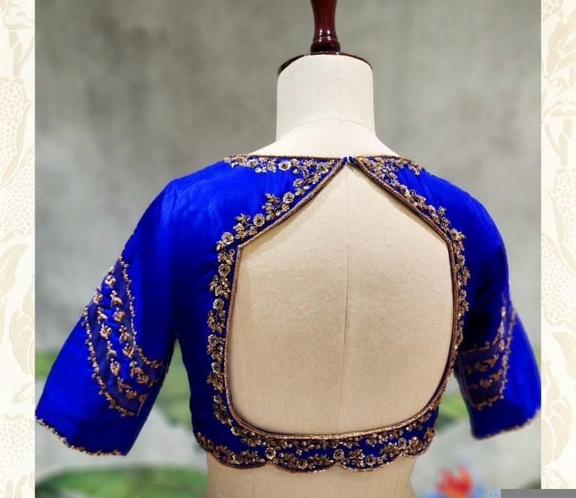 pure silk hand embroidery blouse/ saree maggam blouse/ zardosi blouse usa/hand embroidered moderblouse/blue ready made blouse zardosi usa