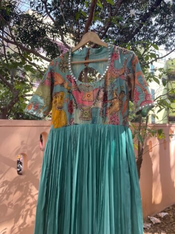 Hand-Painted Kalamkari Anarkali Dress with Dupatta:blue Silk Embroidered Gown,blue hand painted Kalamkari gown,Anarkali dress Kalamkari usa