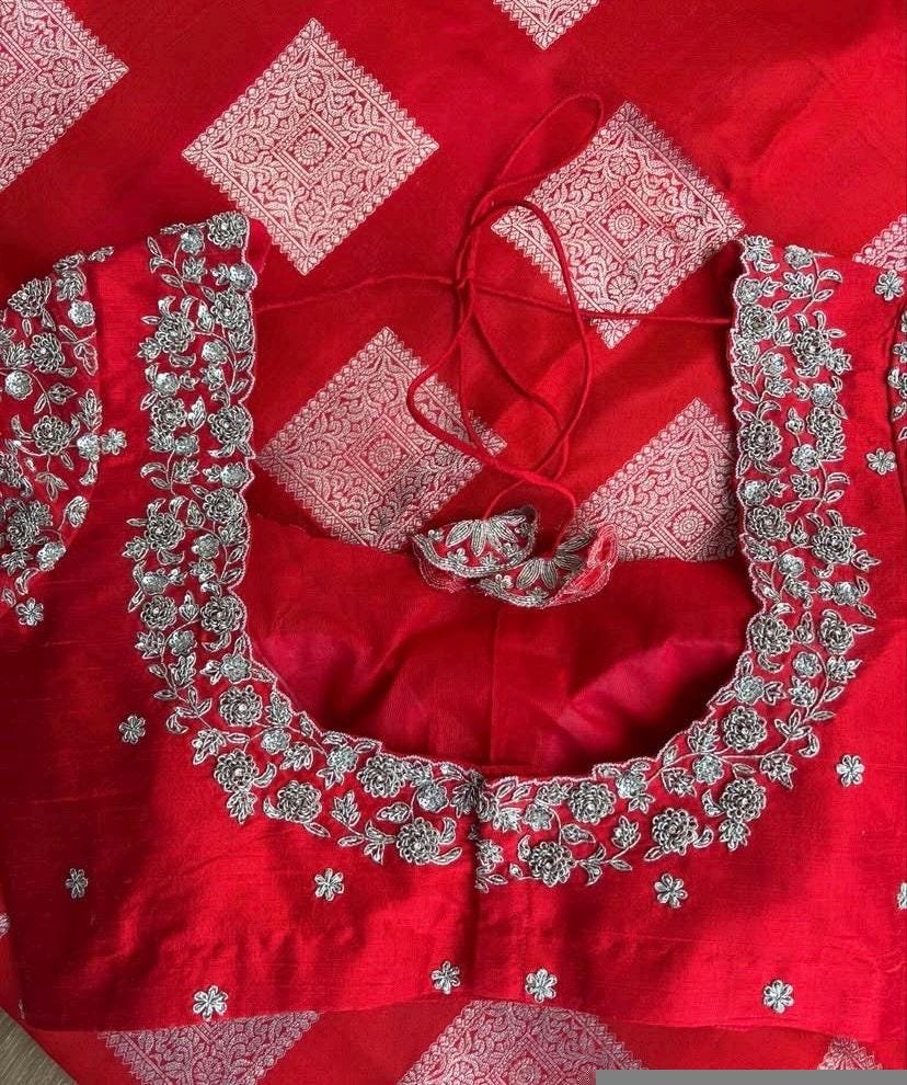Red Silk Zardosi Embroidered Saree Blouse: Hand-Embroidered Maggam Work,red saree blouse,plus size blouses,mix and match blouses,red blouse