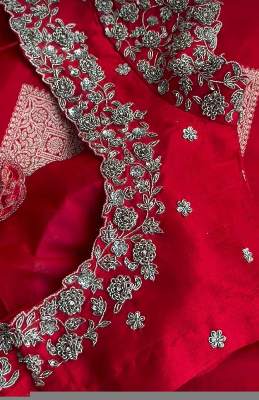 Red Silk Zardosi Embroidered Saree Blouse: Hand-Embroidered Maggam Work,red saree blouse,plus size blouses,mix and match blouses,red blouse