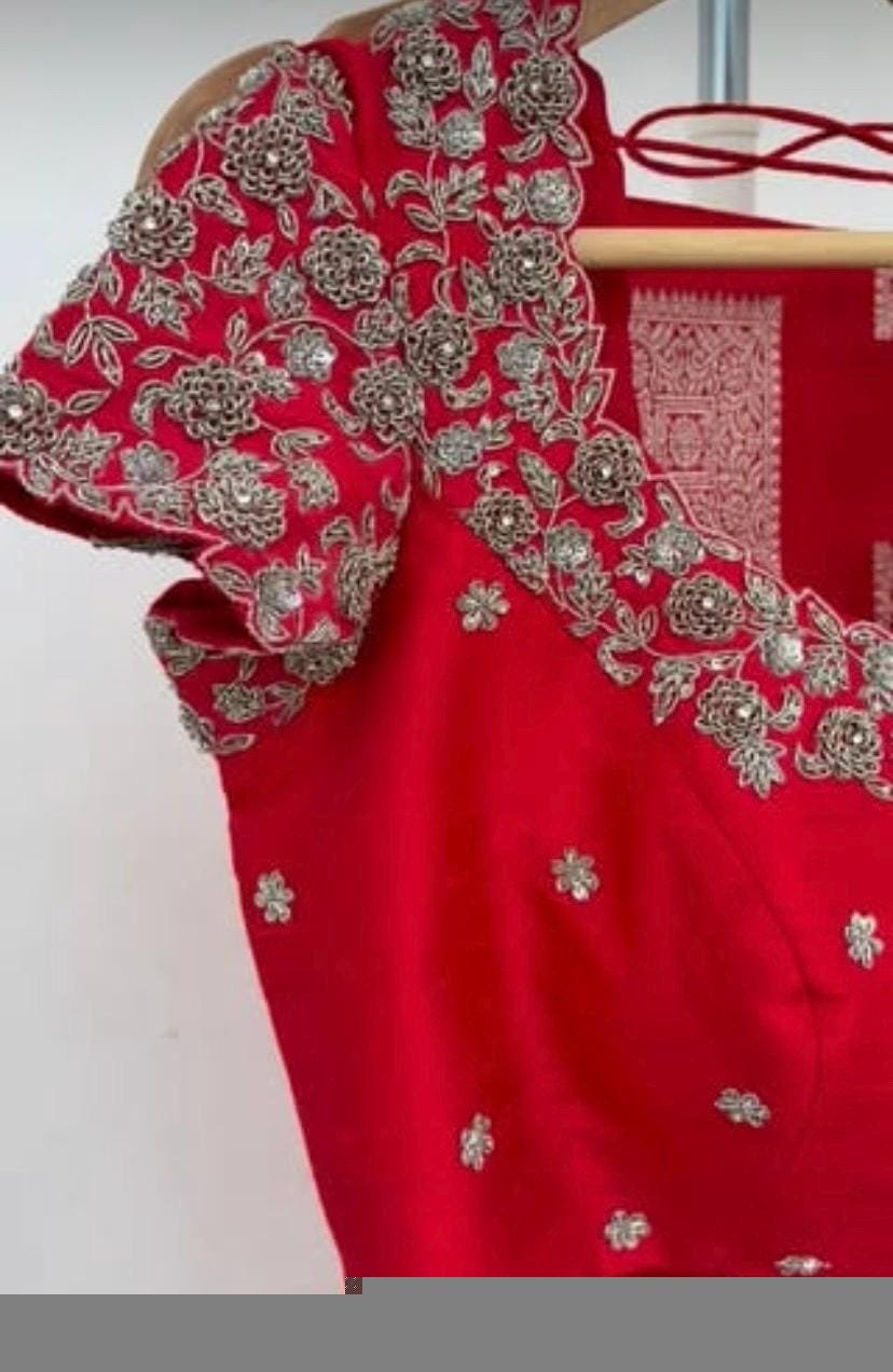 Red Silk Zardosi Embroidered Saree Blouse: Hand-Embroidered Maggam Work,red saree blouse,plus size blouses,mix and match blouses,red blouse