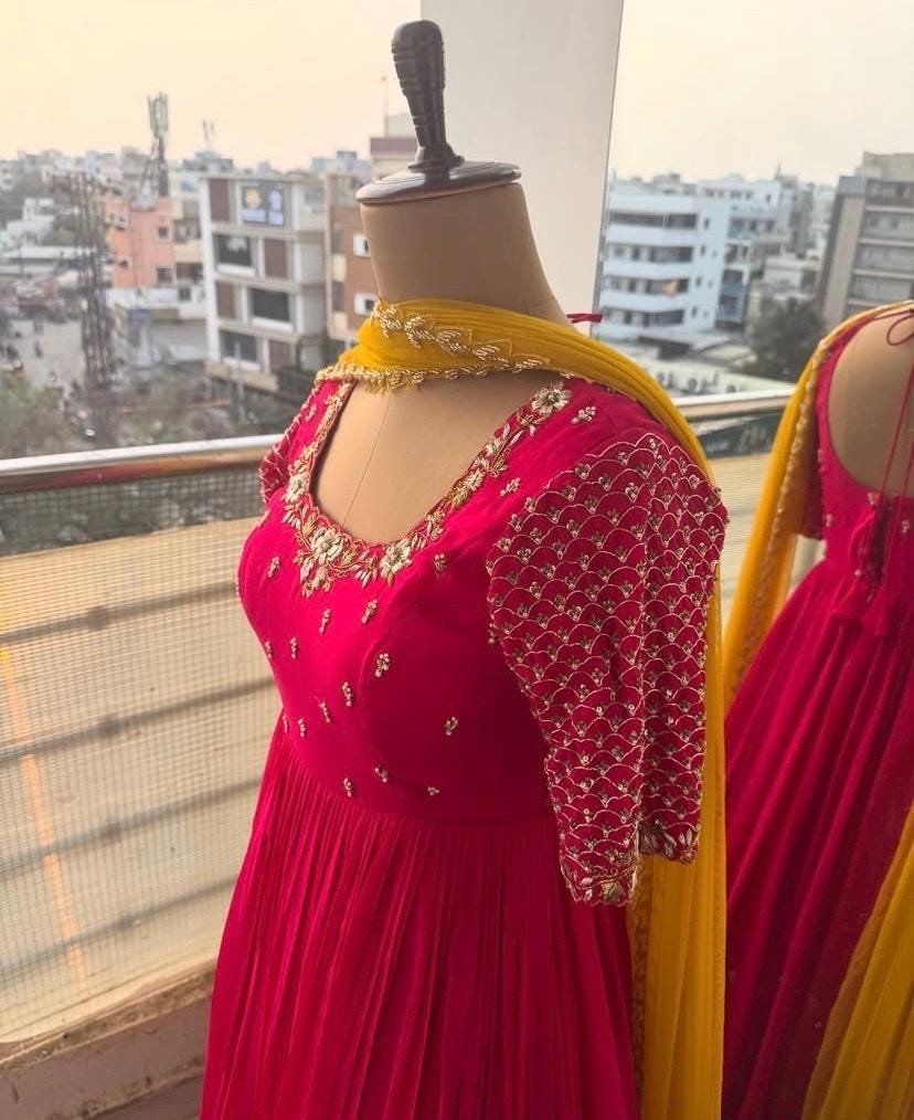 Anarkali suit usa/anarkali pink kurta shor sleeve/pink sleeve anarkali/pink yellow anarkali/heavy hand embroidered anarkali with dupatta usa