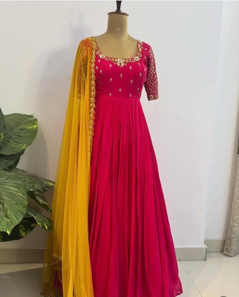 Anarkali suit usa/anarkali pink kurta shor sleeve/pink sleeve anarkali/pink yellow anarkali/heavy hand embroidered anarkali with dupatta usa