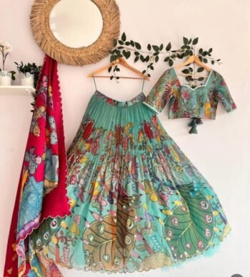 Hand-Painted Kalamkari Lehenga Set/Orange Silk Crop Top,Green Dupatta/blue Kalamkari lehenga set,hand painted lehenga,hand embroidery leheng