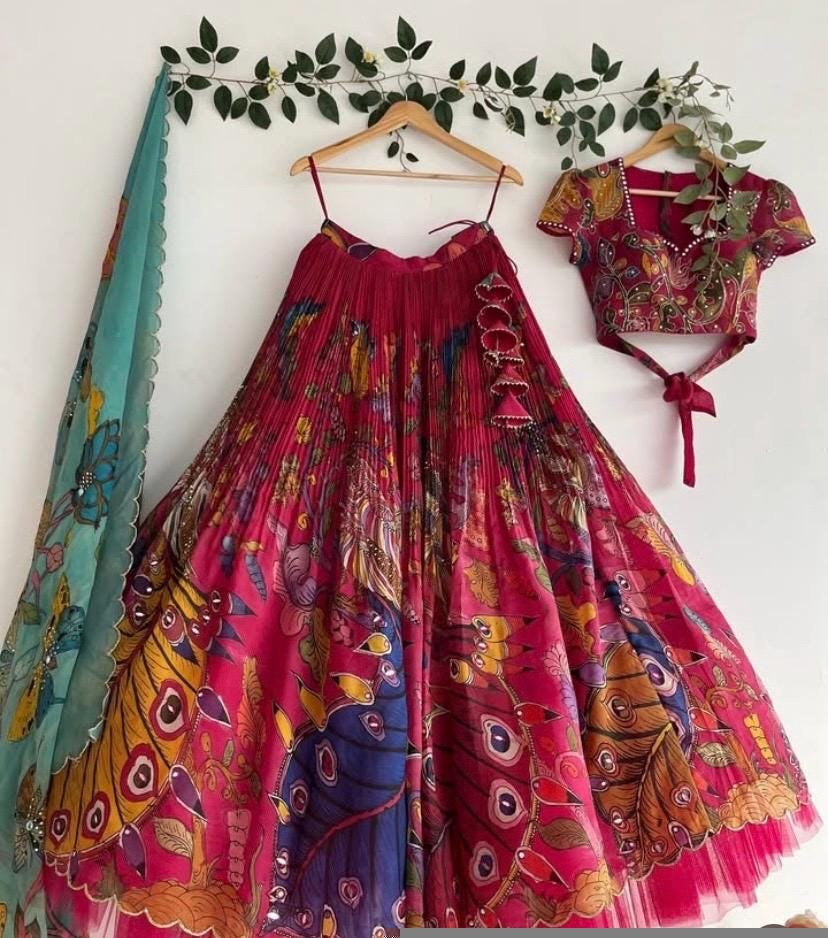 Hand-Painted Kalamkari Lehenga Set/Pink Silk Crop Top,Blue Dupatta, Kalamkari lehenga set,hand painted lehenga set,kalamkari skirtset usa