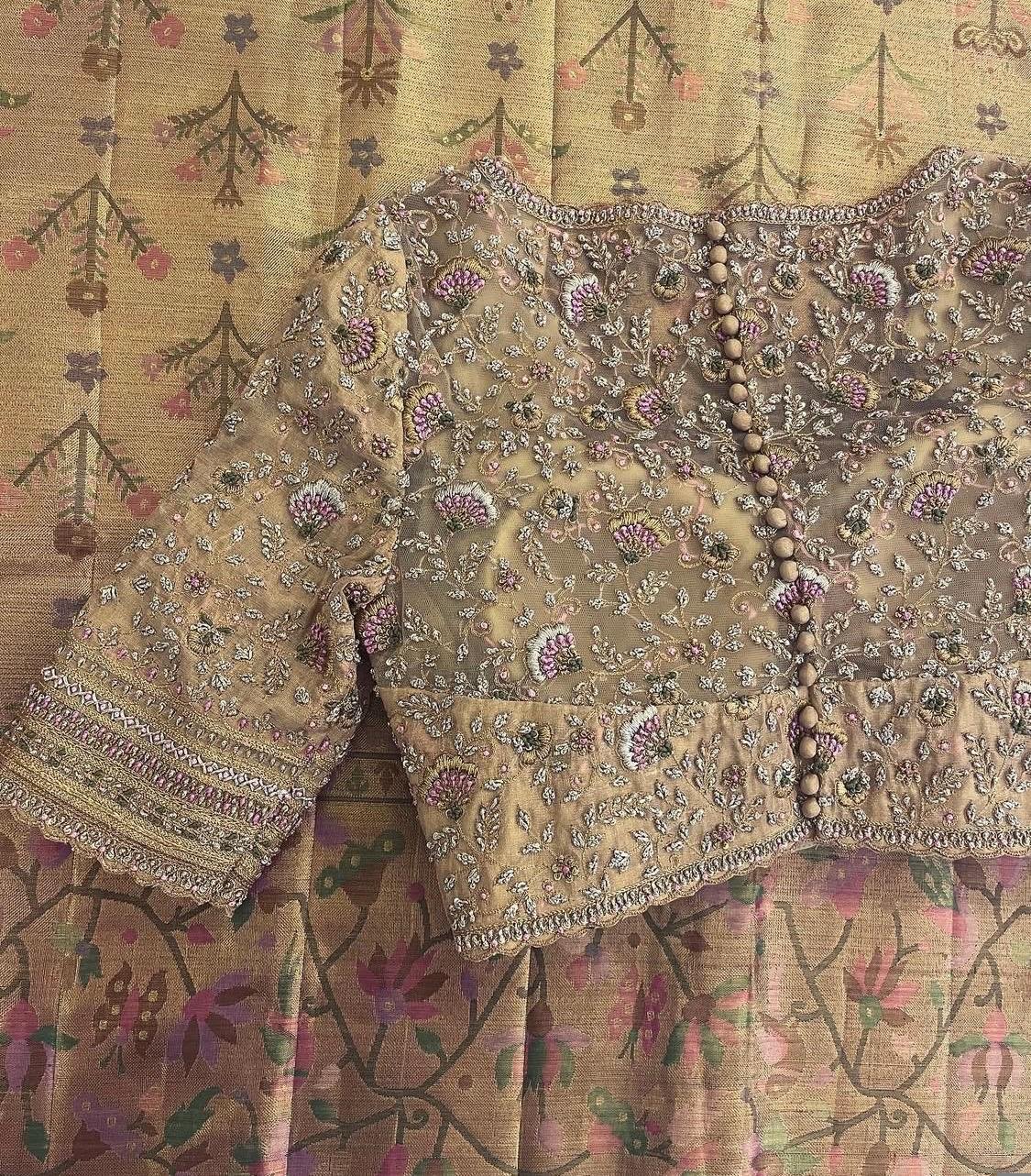 pure silk hand embroidery wedding blouse/saree maggam blouse/beige zardosi blouse/golden bridal blouse /ready made hand embroidered blouse
