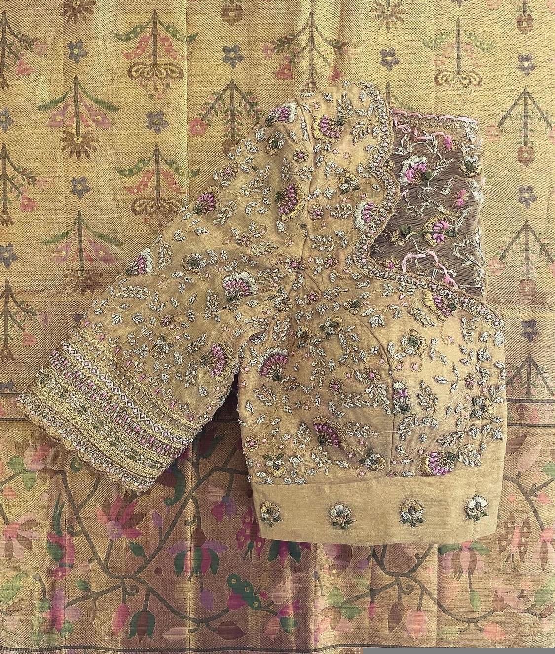 pure silk hand embroidery wedding blouse/saree maggam blouse/beige zardosi blouse/golden bridal blouse /ready made hand embroidered blouse