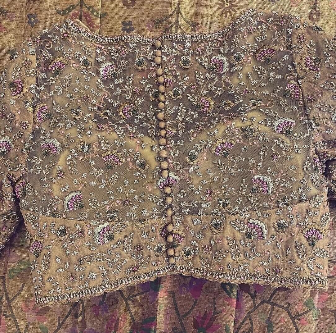 pure silk hand embroidery wedding blouse/saree maggam blouse/beige zardosi blouse/golden bridal blouse /ready made hand embroidered blouse