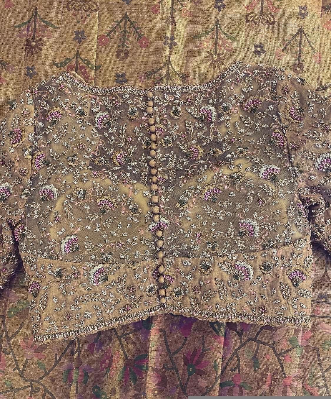 pure silk hand embroidery wedding blouse/saree maggam blouse/beige zardosi blouse/golden bridal blouse /ready made hand embroidered blouse