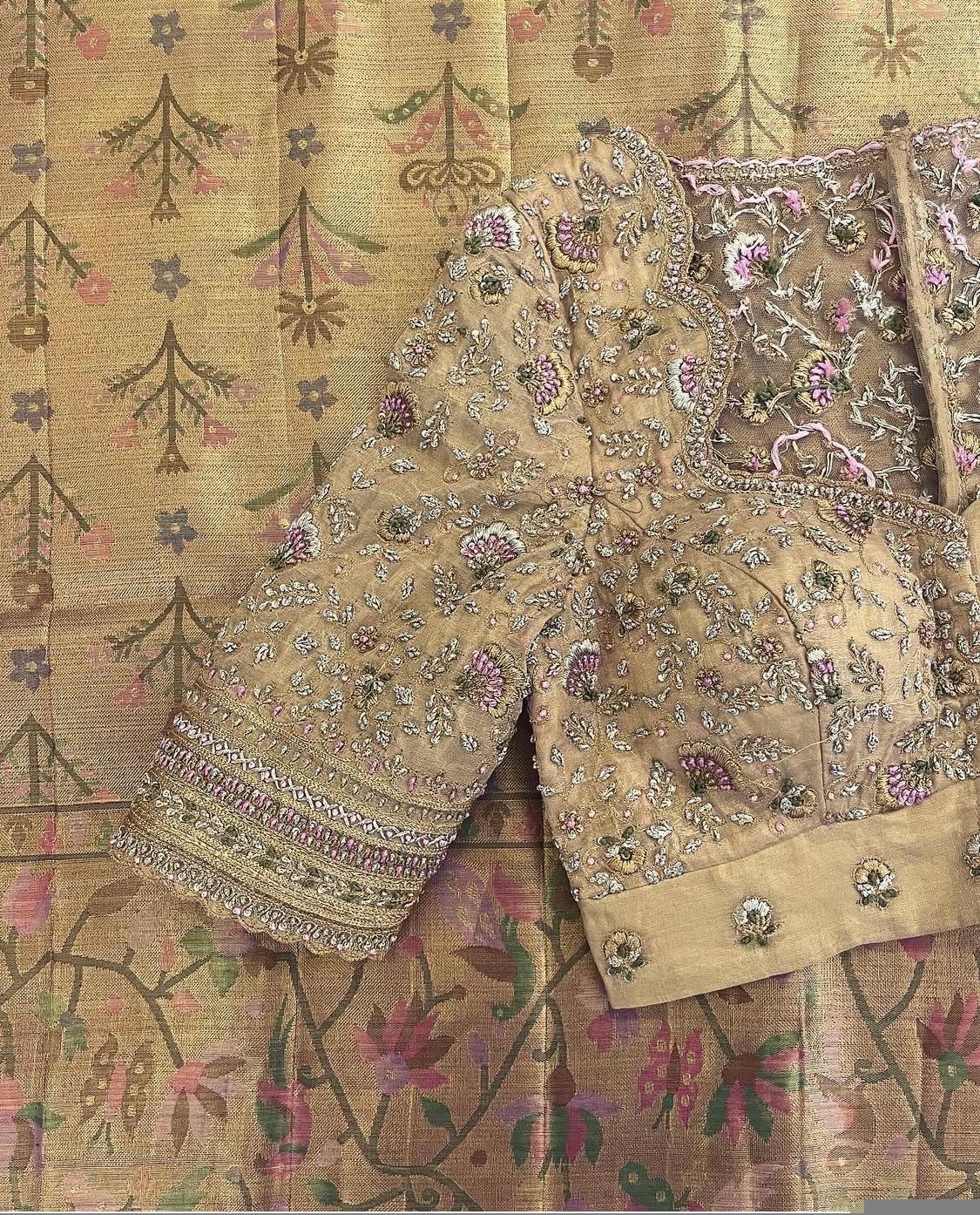 pure silk hand embroidery wedding blouse/saree maggam blouse/beige zardosi blouse/golden bridal blouse /ready made hand embroidered blouse