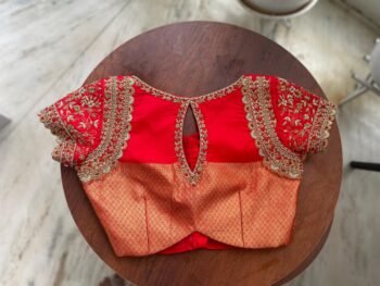 Hand Embroidered Red Silk Blouse: Zardosi Maggam Work, Elbow Sleeves,plus size blouses,red maggam blouse,red saree blouse,mix and match blou