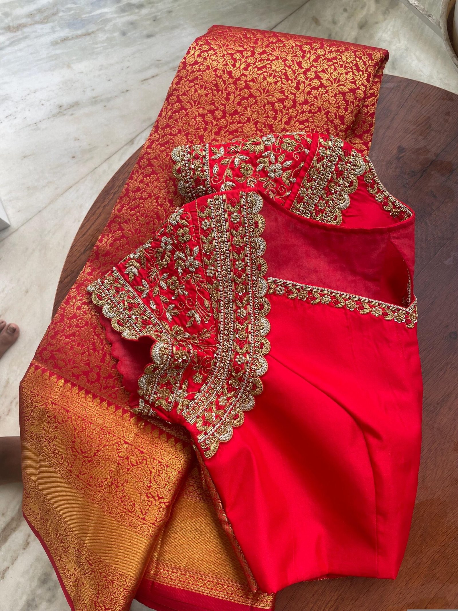 Hand Embroidered Red Silk Blouse: Zardosi Maggam Work, Elbow Sleeves,plus size blouses,red maggam blouse,red saree blouse,mix and match blou