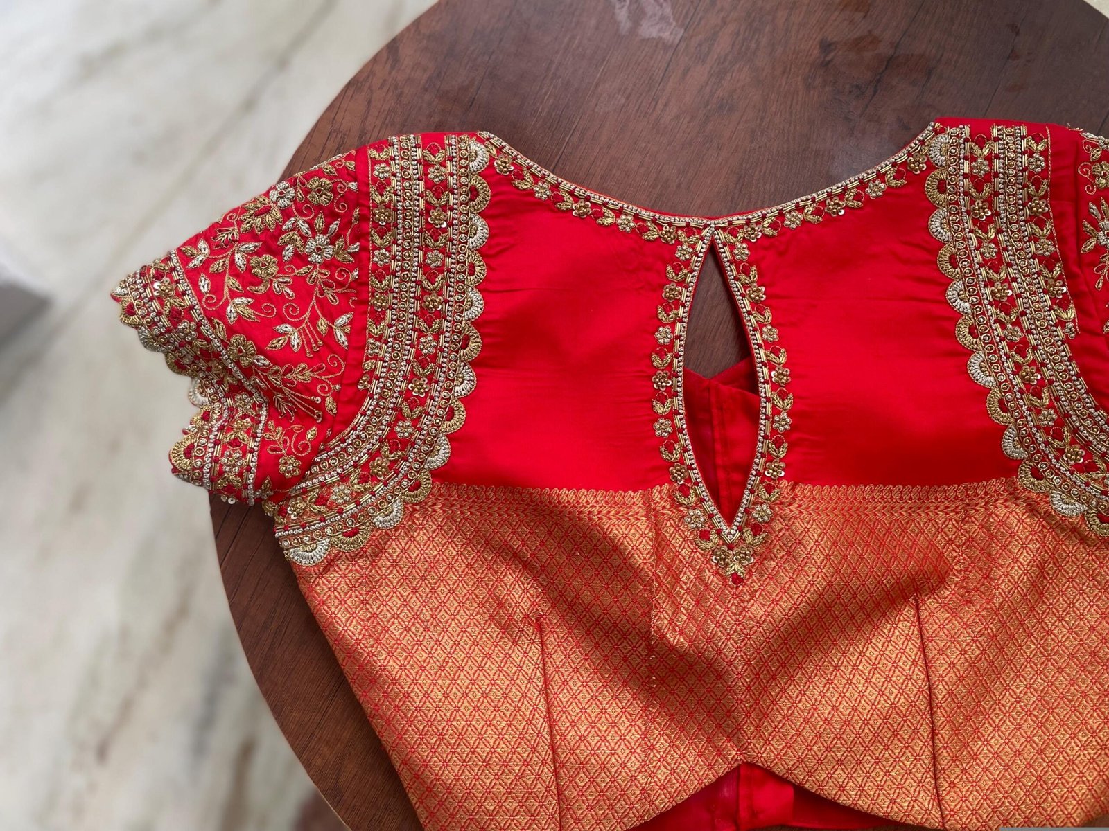 Hand Embroidered Red Silk Blouse: Zardosi Maggam Work, Elbow Sleeves,plus size blouses,red maggam blouse,red saree blouse,mix and match blou