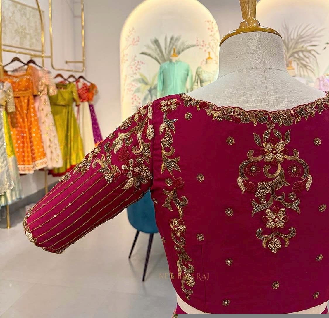 pure silk hand embroidery blouse/saree maggam blouse/maroon red raw silk zardosi blouse/hand embroidered blouse/ready made blouse zardosi/