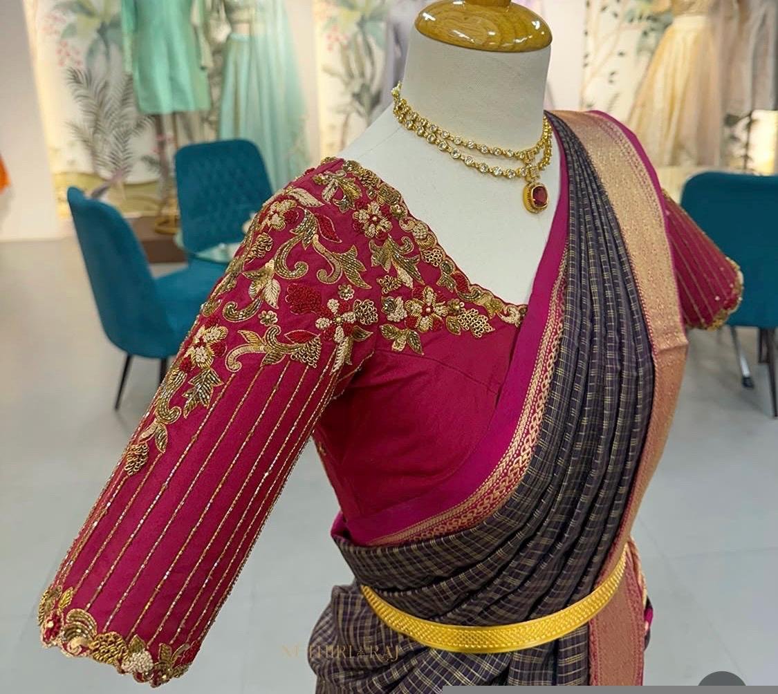 pure silk hand embroidery blouse/saree maggam blouse/maroon red raw silk zardosi blouse/hand embroidered blouse/ready made blouse zardosi/