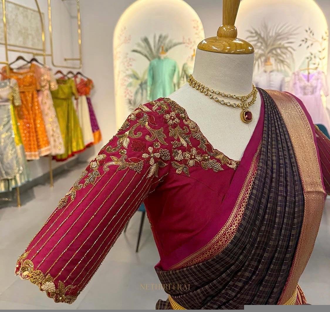 pure silk hand embroidery blouse/saree maggam blouse/maroon red raw silk zardosi blouse/hand embroidered blouse/ready made blouse zardosi/