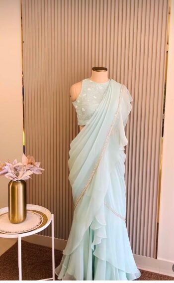 Ruffle saree with blouse/green ruffle saree with stitched blouse/saree belt with blouse/silk ruffle saree/bluesaree with belt /cocktail sari