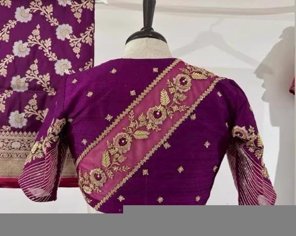 purple silk hand embroidery blouse/purple maggam blouse/silk zardosi blouse/hand embroidered blouse/purple pink ready made blouse zardosi