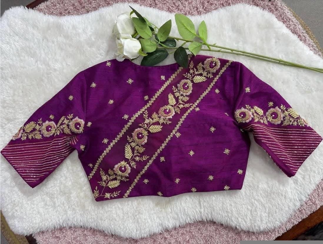 purple silk hand embroidery blouse/purple maggam blouse/silk zardosi blouse/hand embroidered blouse/purple pink ready made blouse zardosi