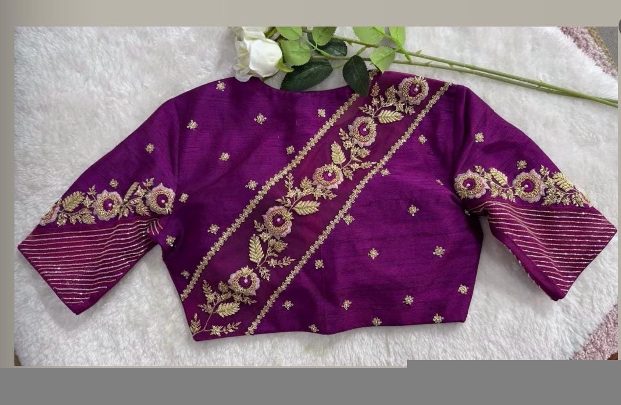 purple silk hand embroidery blouse/purple maggam blouse/silk zardosi blouse/hand embroidered blouse/purple pink ready made blouse zardosi