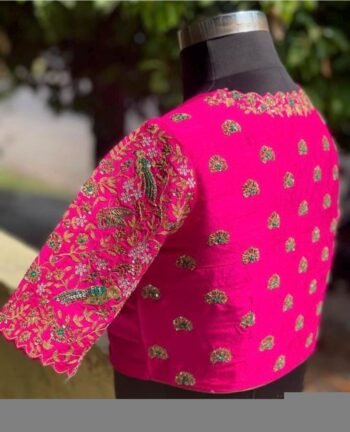 Hand Embroidered Zardosi Silk Blouse:  Pink Maggam Work,hand work blouse, 42 size blouse, pink mix and match blouse, pink saree blouse