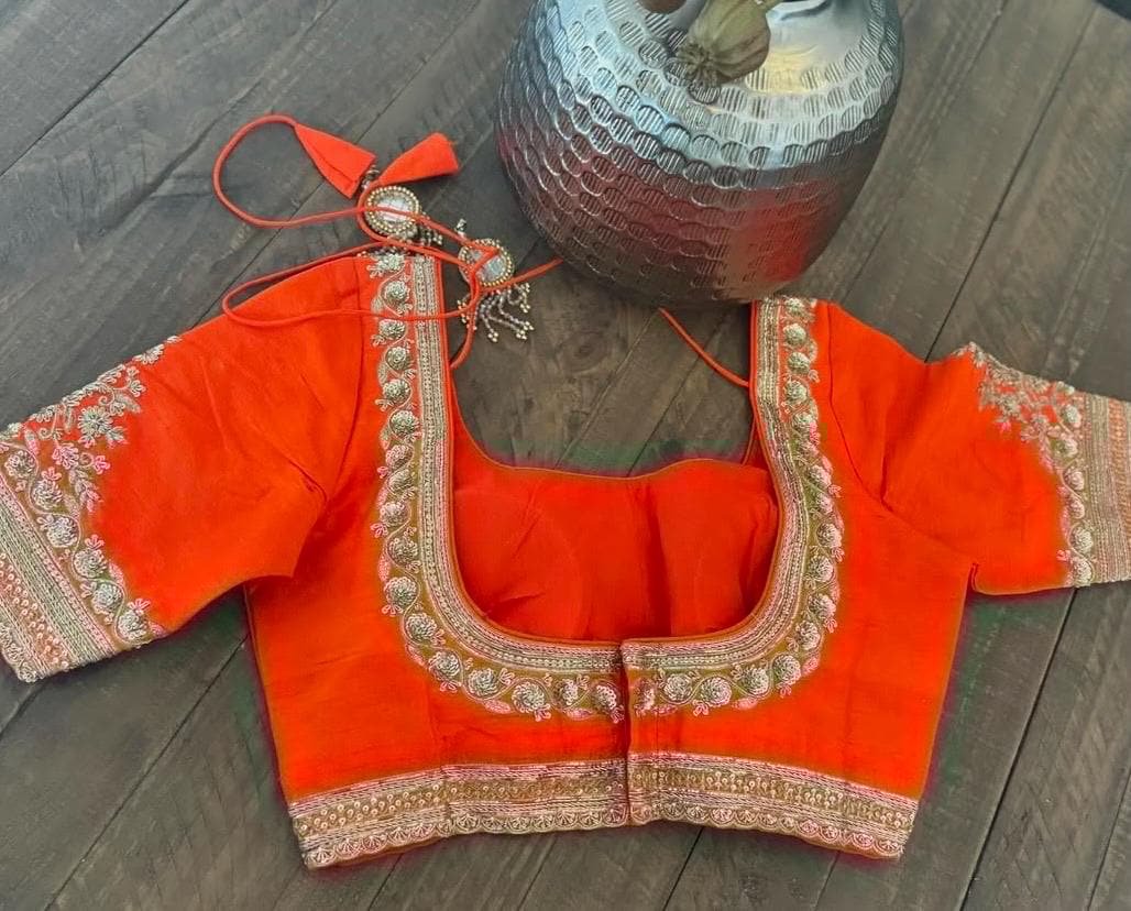 Orange silk hand embroidery blouse/orange saree maggam blouse/orange saree blouse/simplehand embroidered blouse/orange ready made blouse zar