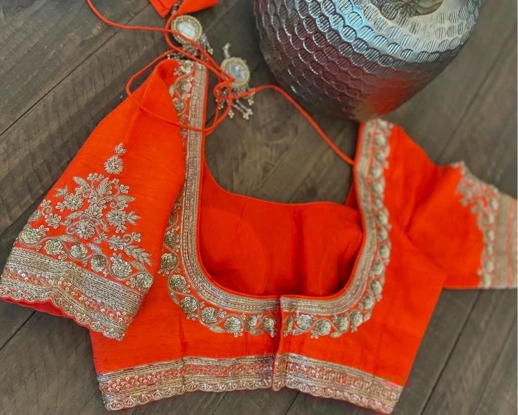 Orange silk hand embroidery blouse/orange saree maggam blouse/orange saree blouse/simplehand embroidered blouse/orange ready made blouse zar