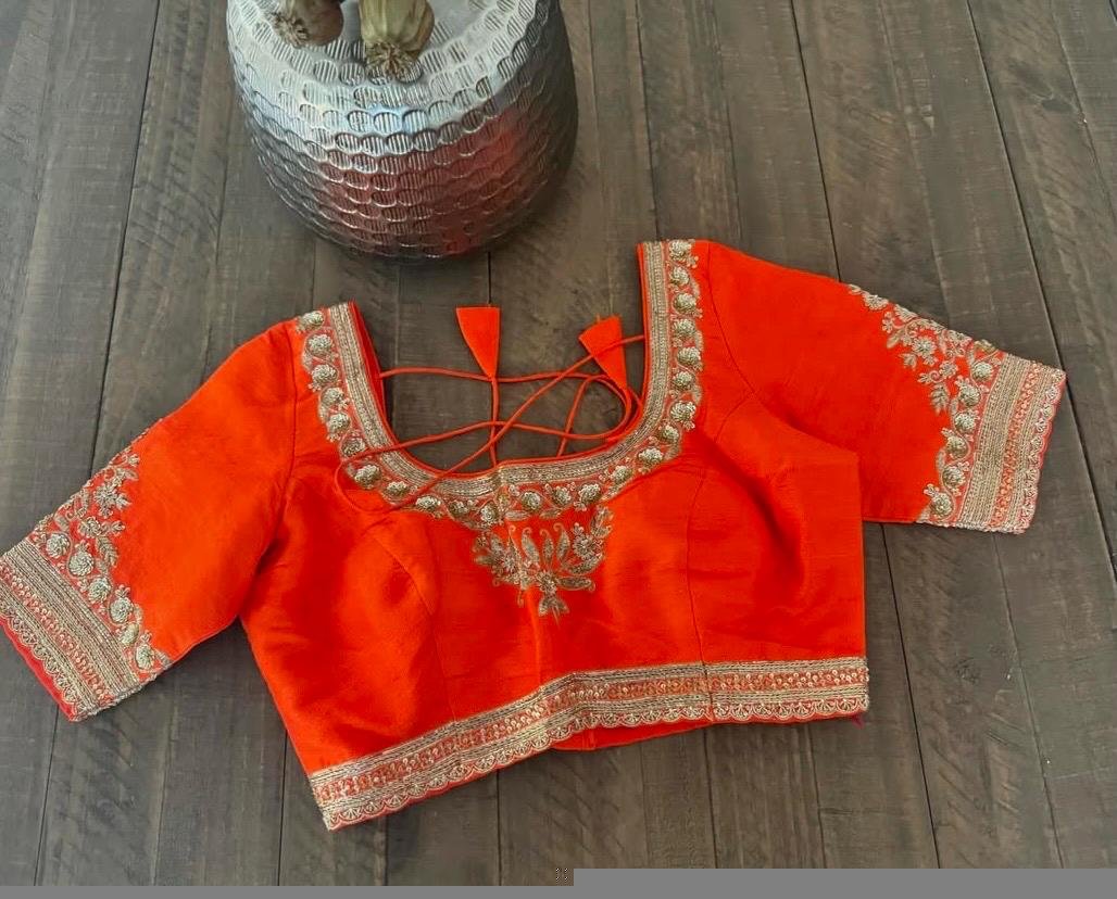 Orange silk hand embroidery blouse/orange saree maggam blouse/orange saree blouse/simplehand embroidered blouse/orange ready made blouse zar