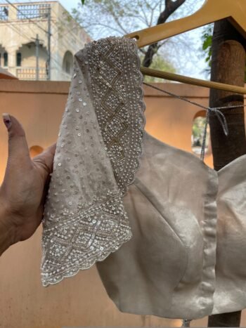 Hand Embroidered Zardosi Blouse: Silver Tissue Silk Sleeveless Crop Top/silver Maggam blouse,handwork blouse,mix and match blouse,silver