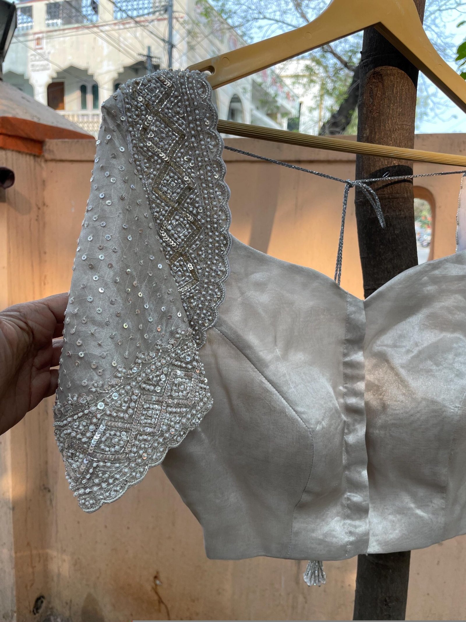 Hand Embroidered Zardosi Blouse: Silver Tissue Silk Sleeveless Crop Top/silver Maggam blouse,handwork blouse,mix and match blouse,silver usa