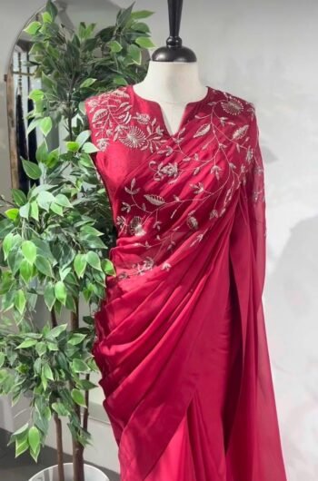 pure silk red sari set with hand embroidery blouse/saree with maggam blouse/red saree zardosi blouse/hand embroidered blouse organza saree