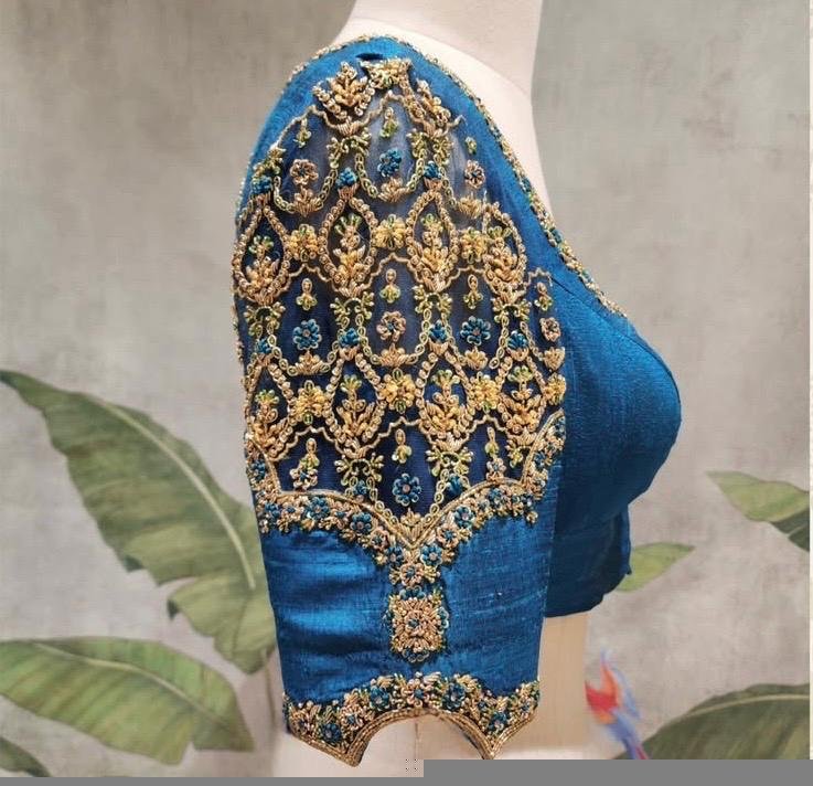 pure silk hand embroidery blouse/blue maggam blouse /raw silk zardosi blouse/blue hand embroidered blouse/designer readymade handwork blouse