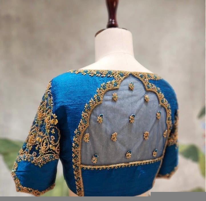 pure silk hand embroidery blouse/blue maggam blouse /raw silk zardosi blouse/blue hand embroidered blouse/designer readymade handwork blouse