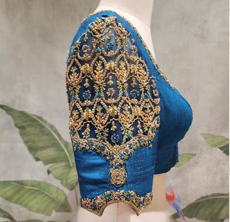 pure silk hand embroidery blouse/blue maggam blouse /raw silk zardosi blouse/blue hand embroidered blouse/designer readymade handwork blouse