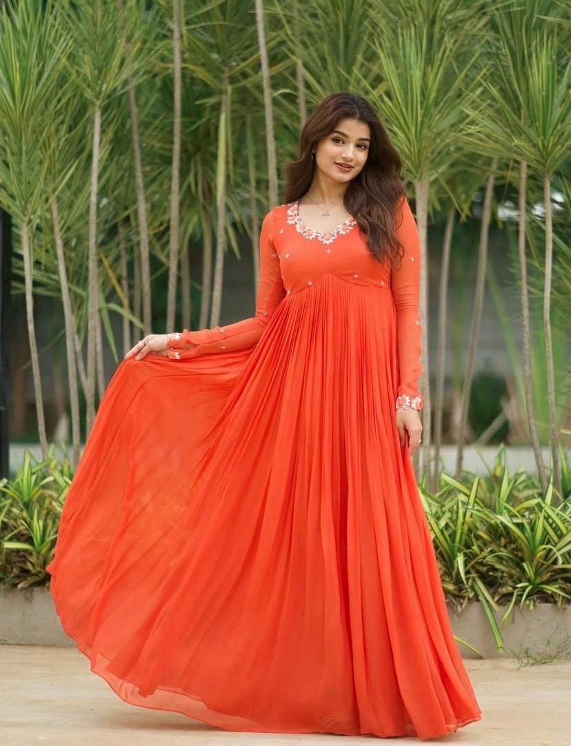 Orange Georgette Anarkali Suit: Hand Embroidered Anarkali Dress,orange anarkali kurta,simple anarkali dress,festive outfit,handwork kurta us