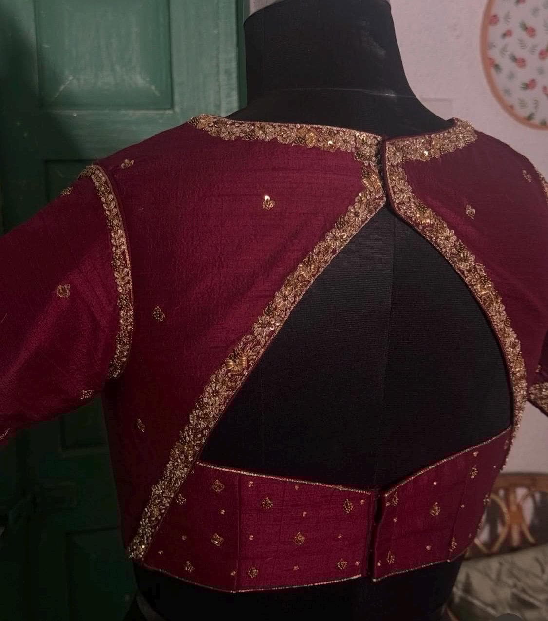 pure silk hand embroidery blouse/saree maggam blouse/red zardosi blouse/maroon red hand embroidered blouse/darkred ready made blouse zardosi