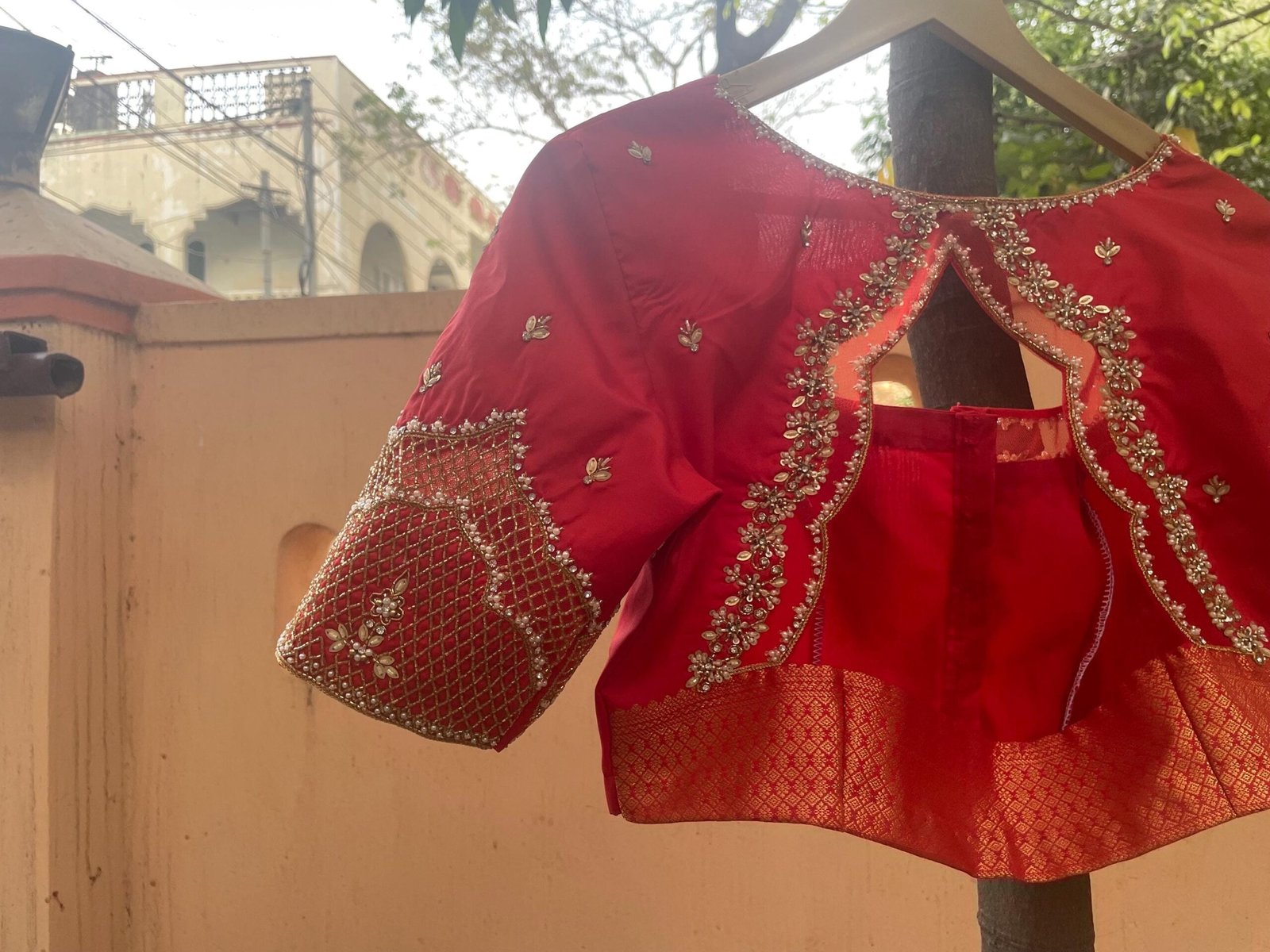 Hand Embroidered Zardosi Silk Blouse: Maroon Red Saree Top