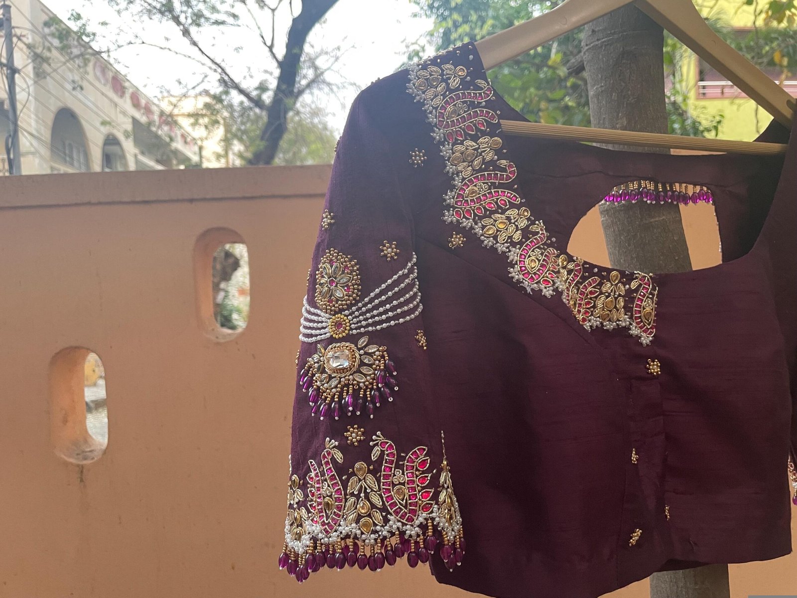 pure silk hand embroidery blouse/neck maggam blouse/brown zardosi blouse/plum hand embroidered blouse/brown hand work ready made blouse USA
