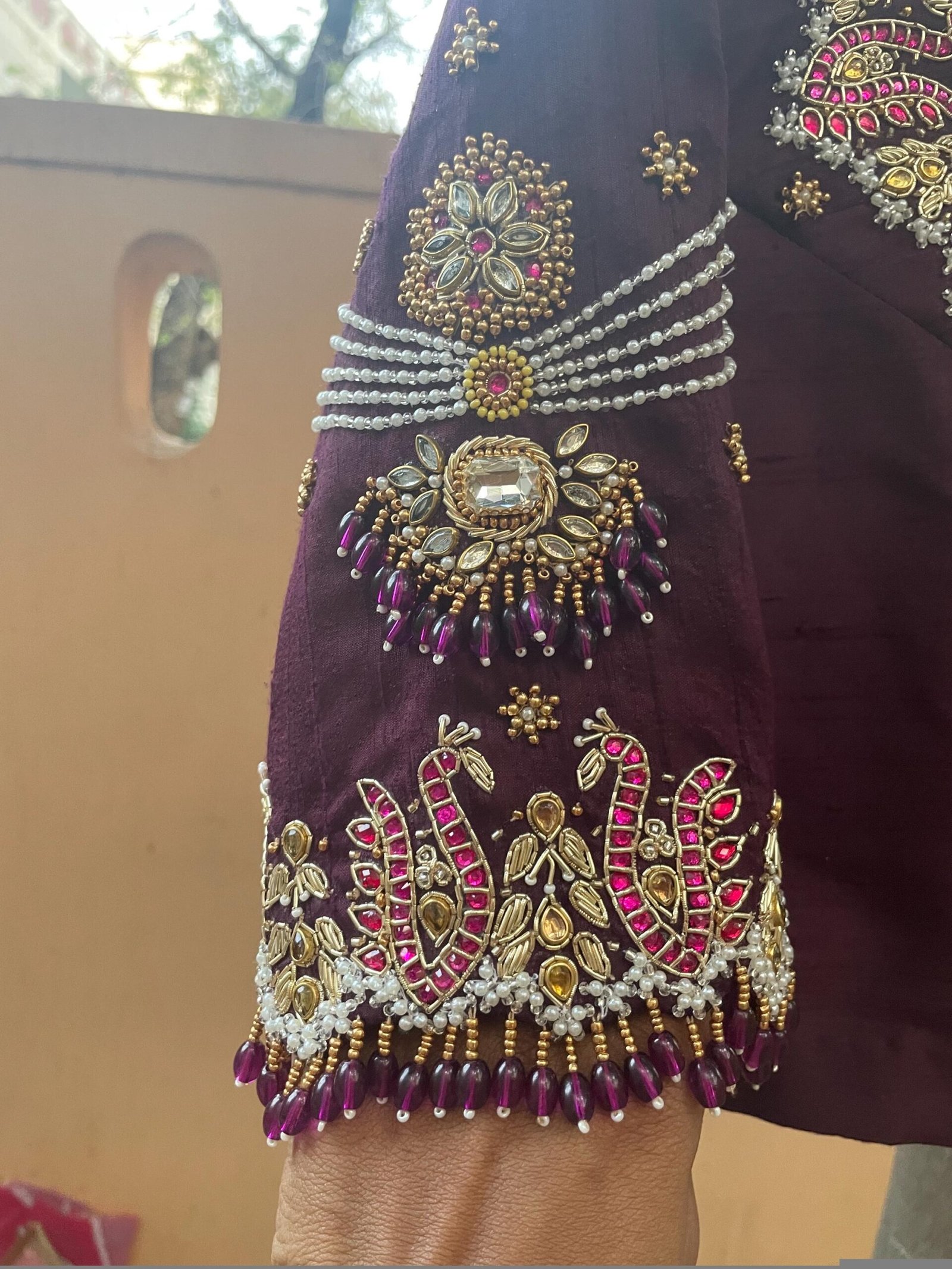pure silk hand embroidery blouse/neck maggam blouse/brown zardosi blouse/plum hand embroidered blouse/brown hand work ready made blouse USA